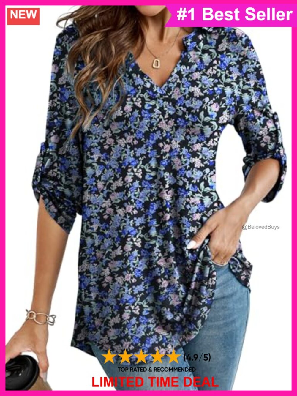 Plus Size 3/4 Roll Sleeve V Neck Tunic Blouse Loose Fit Office Casual Top
